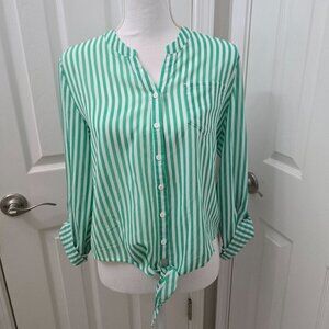 Chicos Blouse Size 0 US 4 Green White Stripes‎ Button-Up Tie Hem Casual Resort